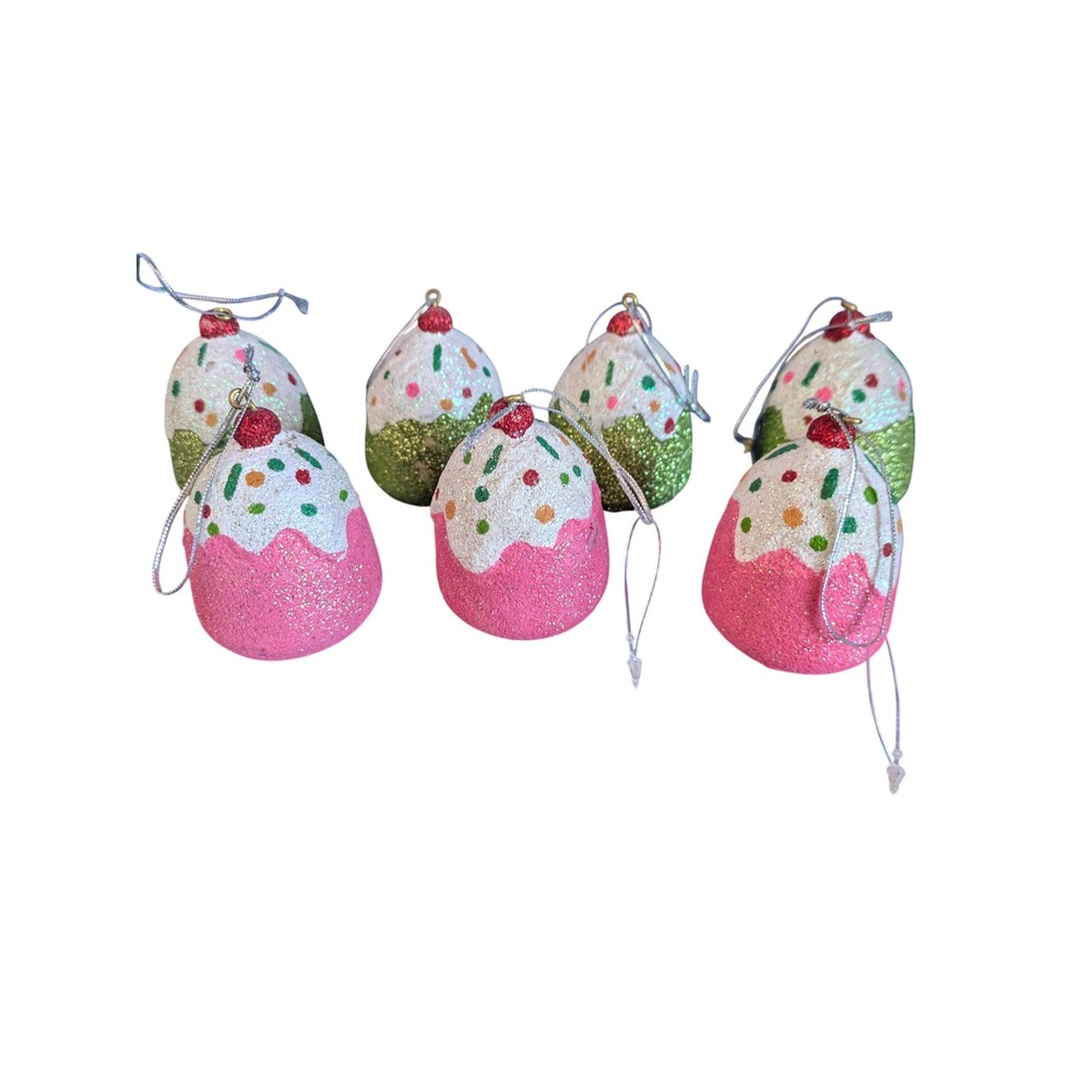 Glitter Cupcake Christmas Tree Ornaments Set of 6 Pink Green‎ White Sprinkles